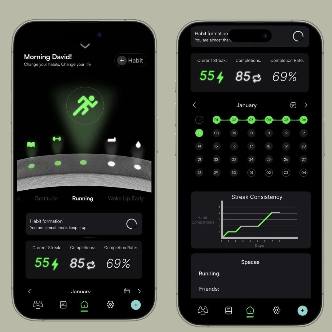 Two screens from the Habit app showing a current streak, a monthly calendar and a consistency chart.
